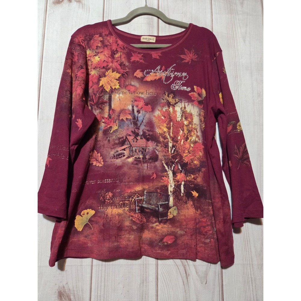 Studio Gem Womens XL Burgundy Autumn Time Rhinestone Graphic Long Sleeve Top